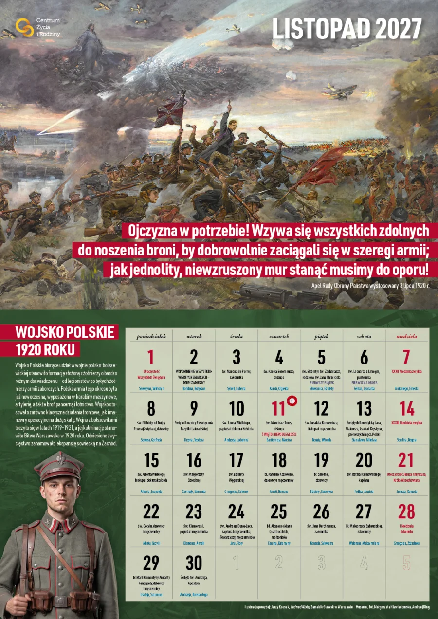 Karta kalendarza — listopad 2027